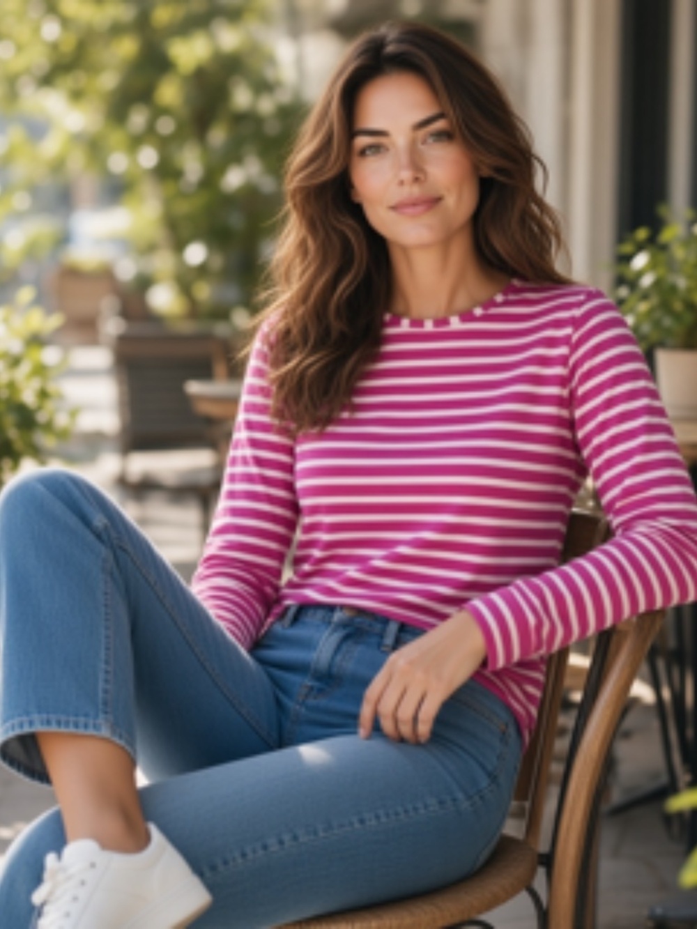 Lands' End Long Sleeve Pink & White Striped Crewneck Top Size S (6-8)